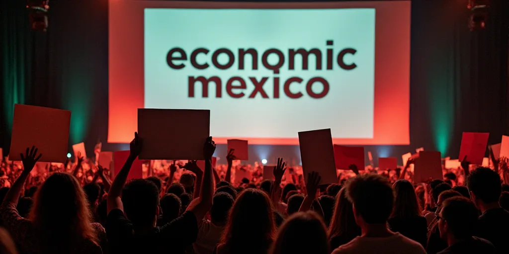 a group of people holding up signs in front of a stage with a sign that says economic mexico on it,