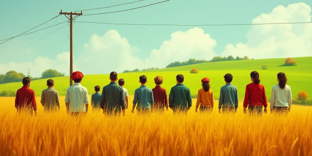 a group of people in a field with a fence and a telephone pole in the background, with a green field