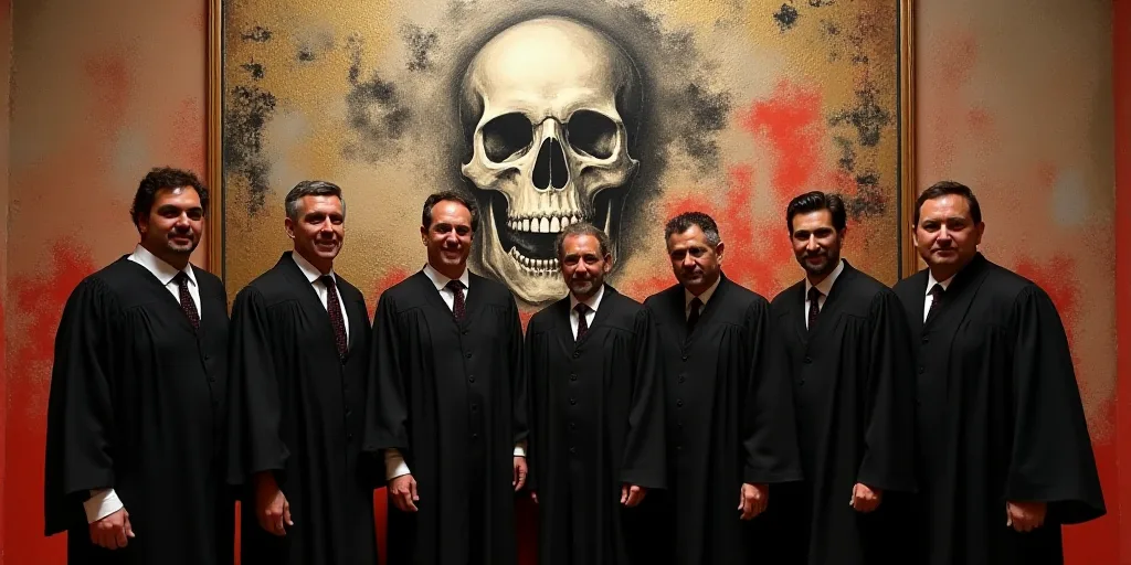 a group of people in black robes and ties posing for a picture in front of a painting of a skull, Da