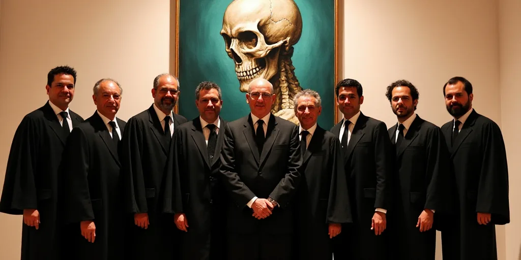 a group of people in black robes and ties posing for a picture in front of a painting of a skull, Da