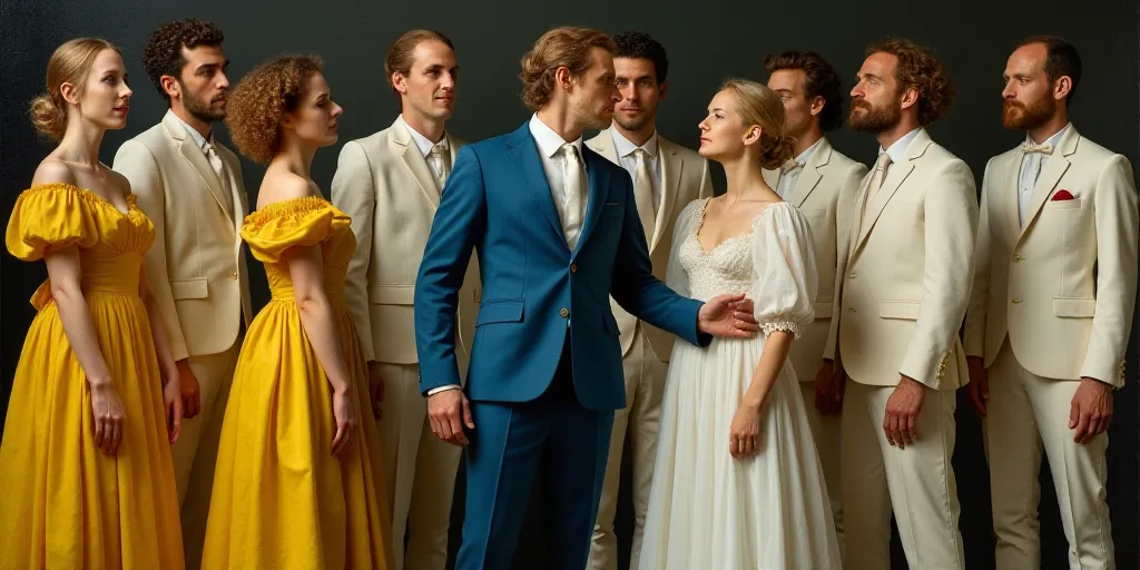 a group of people in yellow and white costumes standing around a man in a blue suit and a man in a w