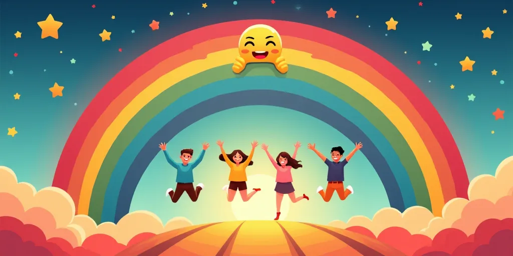 a group of people jumping up and down a rainbow colored rainbow with stars and a smiling face on top