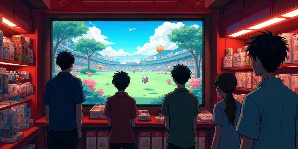 a group of people playing a game on a tv in a store with a red display case and shelves, Baiōken Ei