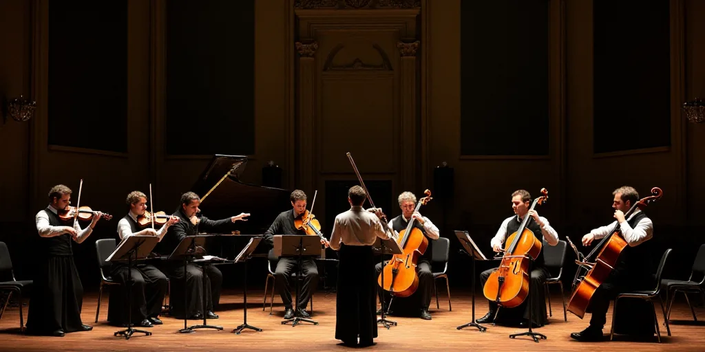 a group of people playing instruments on a stage with a piano and piano player in the background, an