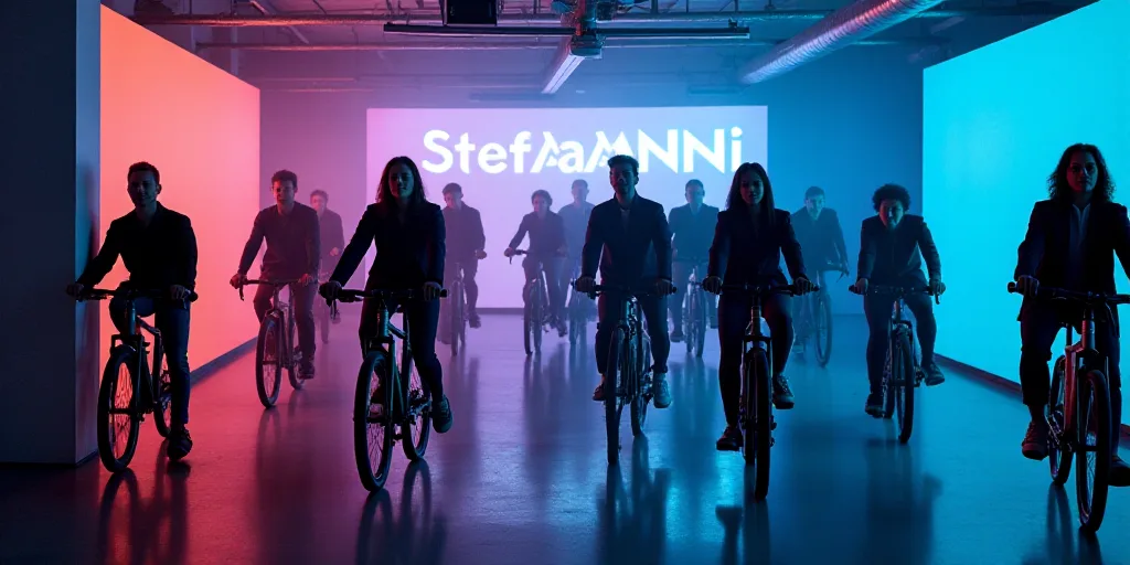 a group of people riding bikes in a room with a logo on it that says stefaannni group, Fiona Stephen