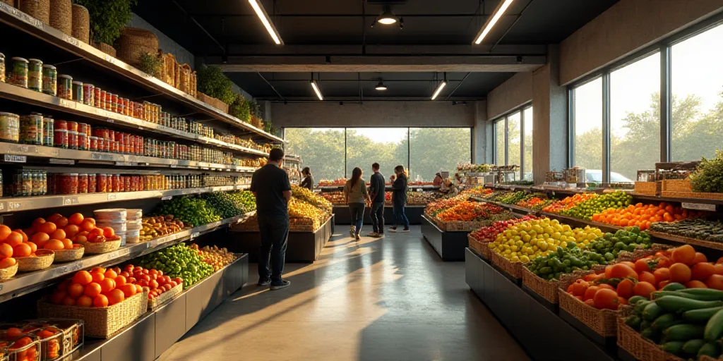 a group of people shopping in a grocery store filled with produce and vegetables and fruits and vege