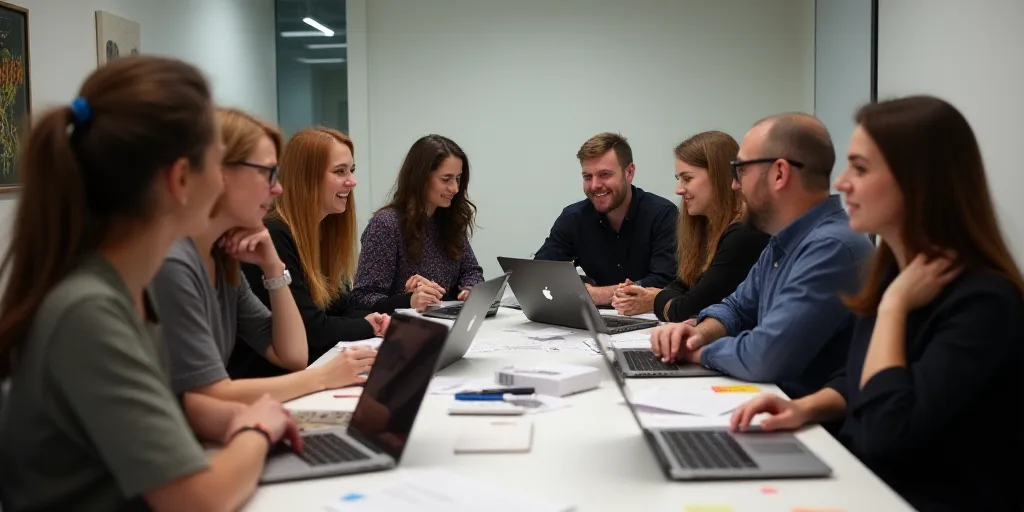 a group of people sitting around a table with laptops and papers on it, talking and laughing togethe