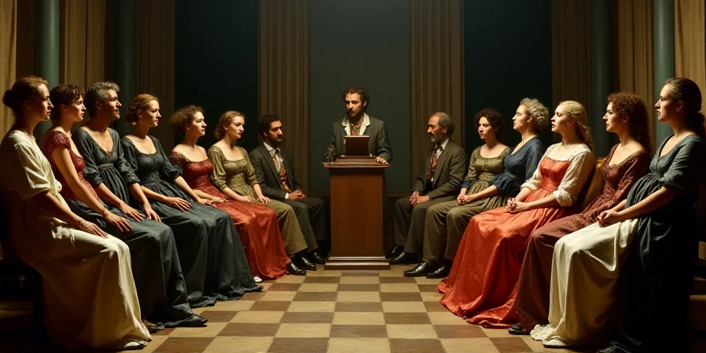 a group of people sitting around each other in a room with a podium in the background and a speaker