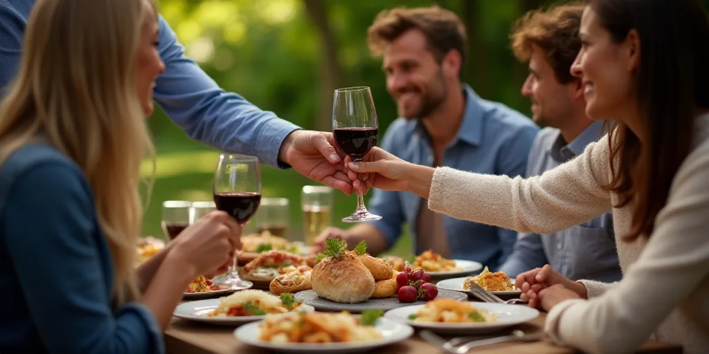 a group of people sitting around a table with food and drinks on it, and a man handing a woman a gla