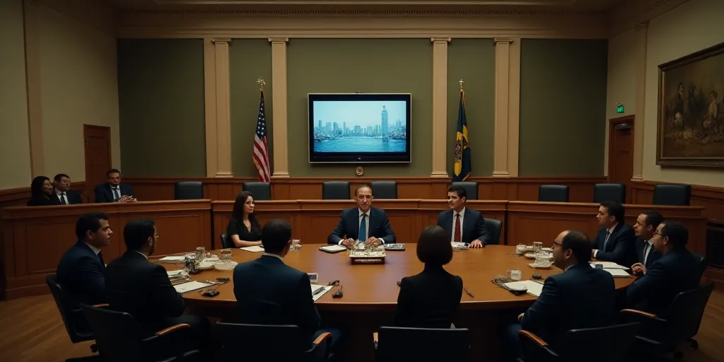 a group of people sitting around a table in a courtroom with a tv on the wall and a painting on the