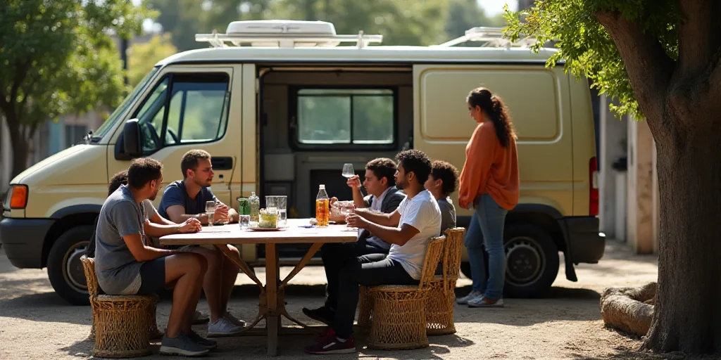 a group of people sitting around a table with a van in the background and a woman standing next to t