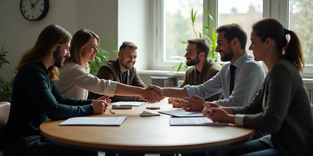 a group of people sitting around a table shaking hands with each other in a room with plants and a c