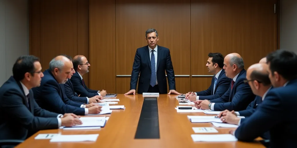 a group of people sitting around a conference table with papers on it and a man in a suit standing a