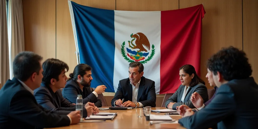 a group of people sitting around a table in front of a flag and a sign that says puebla, Federico Ur