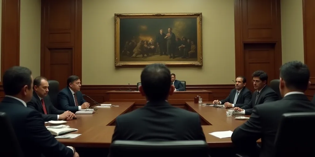 a group of people sitting around a table in a courtroom with a tv on the wall and a painting on the