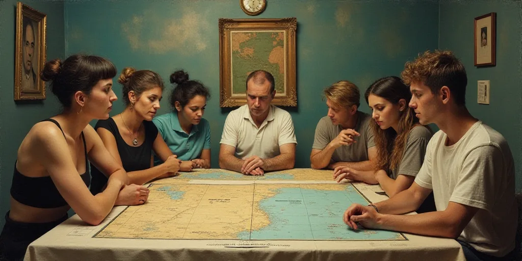 a group of people sitting around a table with a map on it and a man in a white shirt, Araceli Gilber
