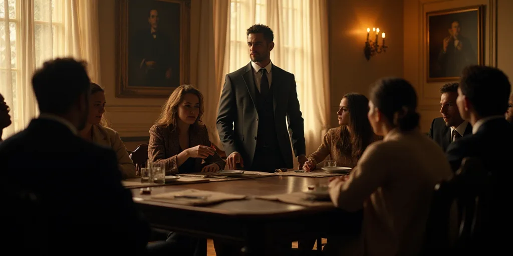 a group of people sitting around a table with a man standing in front of them and a woman standing b
