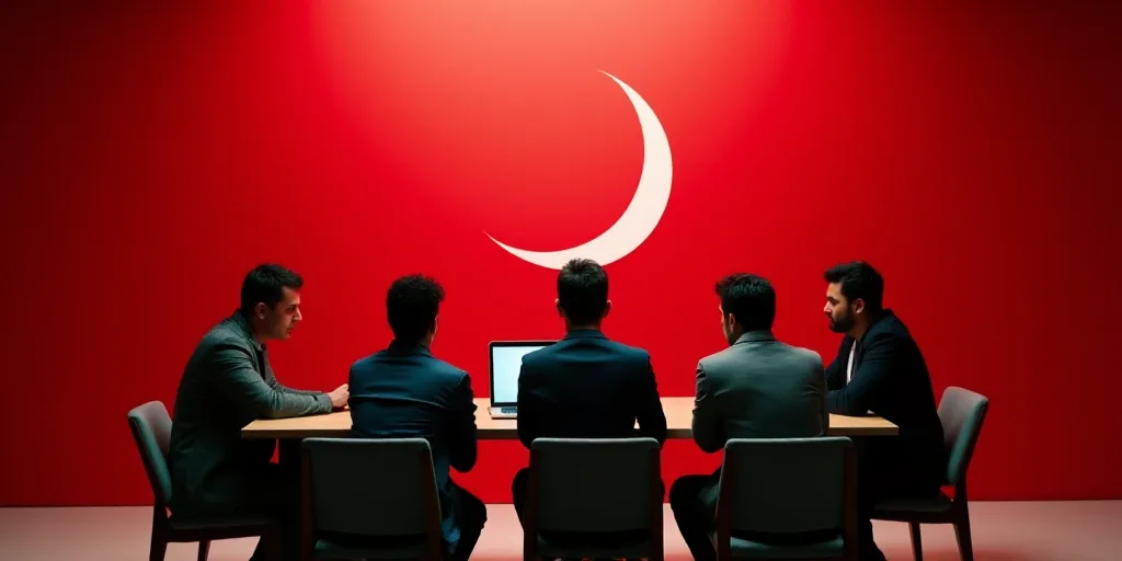a group of people sitting around a table with a laptop on it and a red wall behind them with a red a