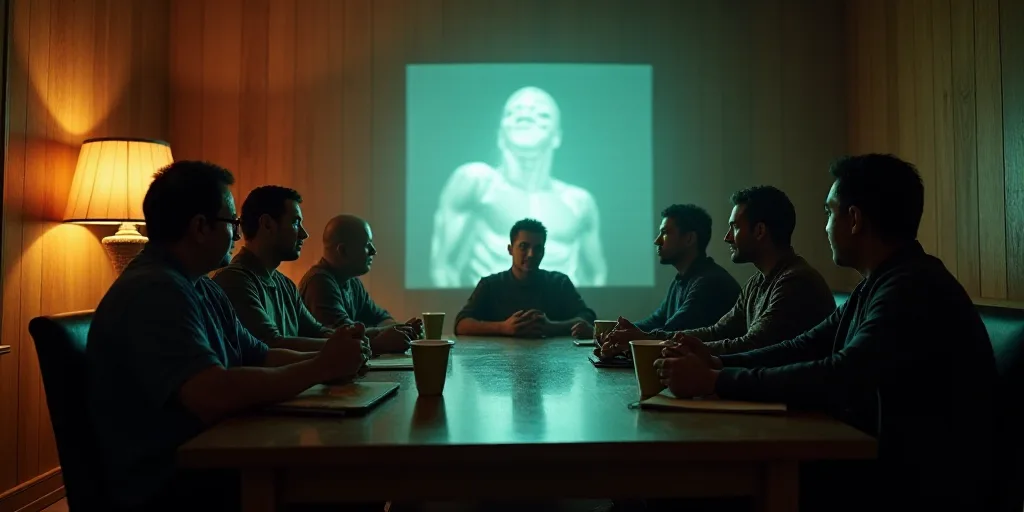 a group of people sitting around a table talking to each other in a room with wooden walls and a lam