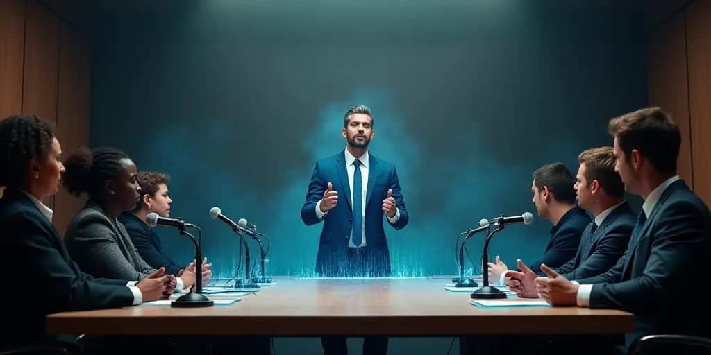 a group of people sitting around a table with microphones in front of them and a man in a suit, Arac