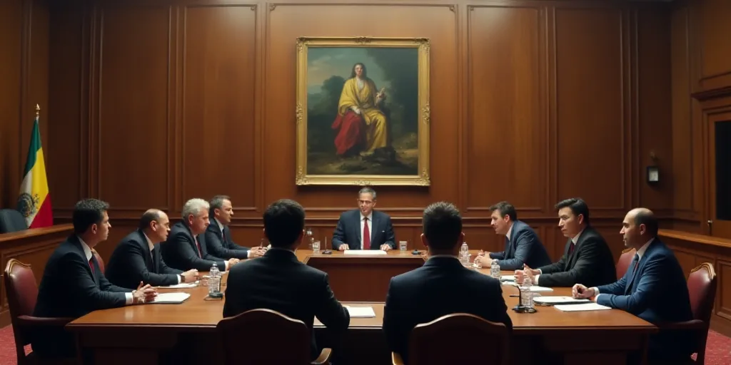 a group of people sitting around a table in a courtroom with a flag hanging above it and a painting
