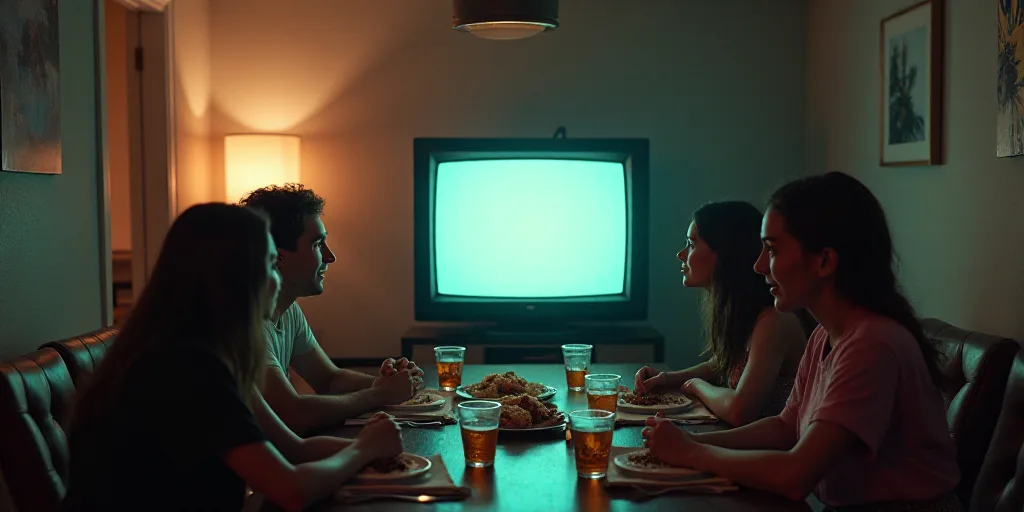 a group of people sitting around a table with a tv on it's side in front of them, Araceli Gilbert, w