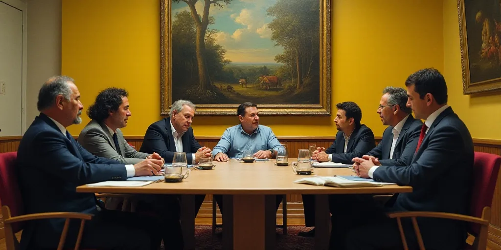 a group of people sitting at a table in a room with a painting on the wall behind them and a paintin