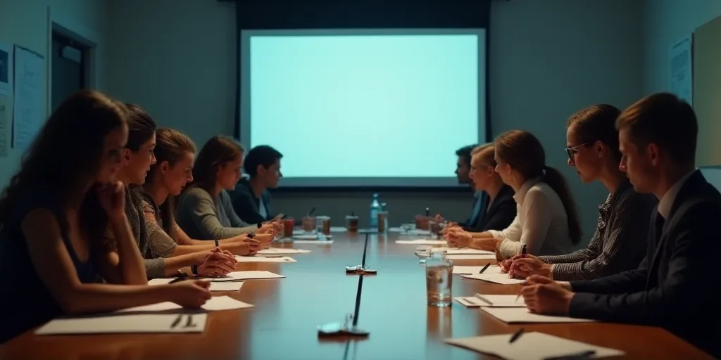 a group of people sitting at a table with papers and pens in front of them and a projector screen be