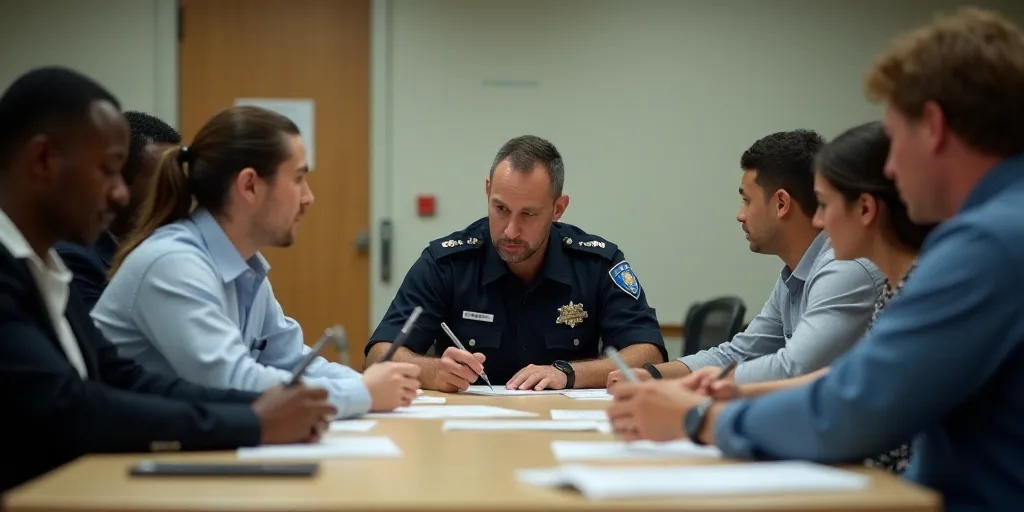 a group of people sitting at a table with papers and pens in front of them and a man in uniform, Ara