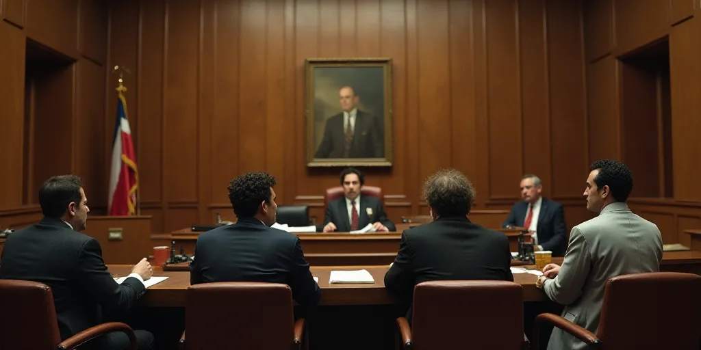 a group of people sitting at a table in a courtroom with a judge and a judge in the background, Davi