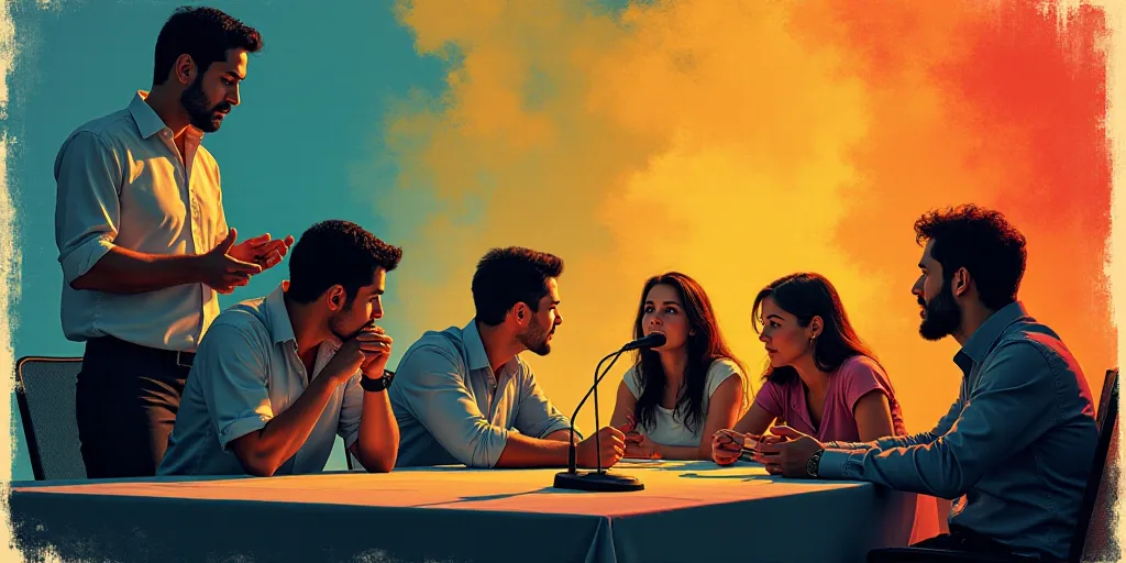 a group of people sitting at a table with a microphone in front of them and a man standing behind th