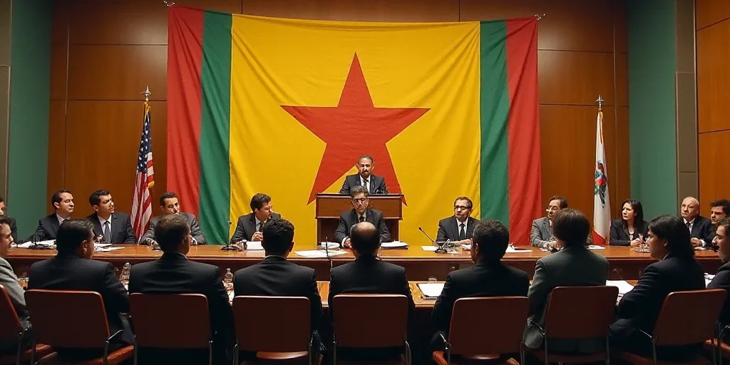 a group of people sitting at a table in a meeting room with a speaker in front of them and a flag ha