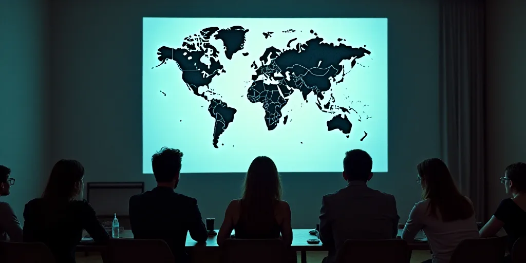 a group of people sitting at a table in front of a projector screen with a world map on it, Aquirax