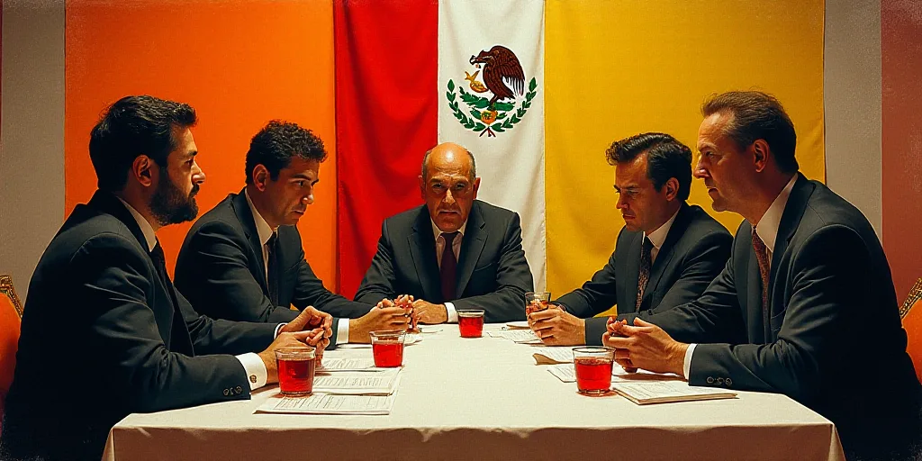 a group of people sitting at a table with drinks and papers in front of them and a flag behind them,