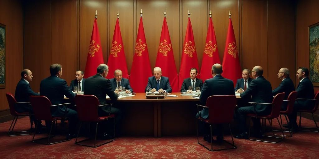 a group of people sitting at a table with flags behind them in a room with a carpeted floor, Andrzej