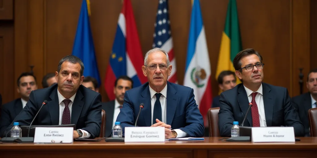 a group of people sitting at a table with microphones in front of them and flags behind them in the