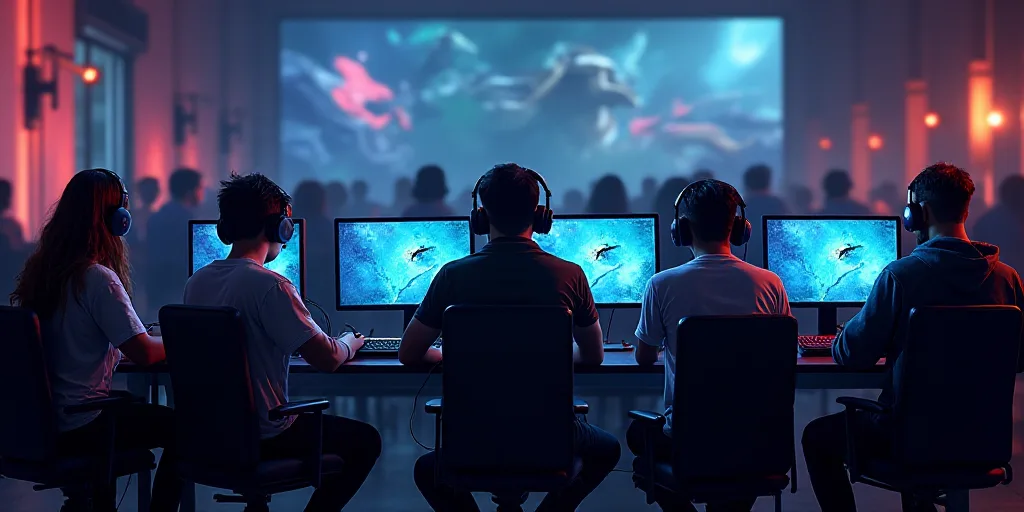 a group of people sitting at a table with laptops and monitors on it, all with headphones on, Cafer