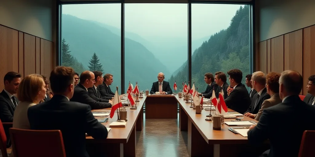 a group of people sitting in a room with flags on the table and a speaker at the front of the room,