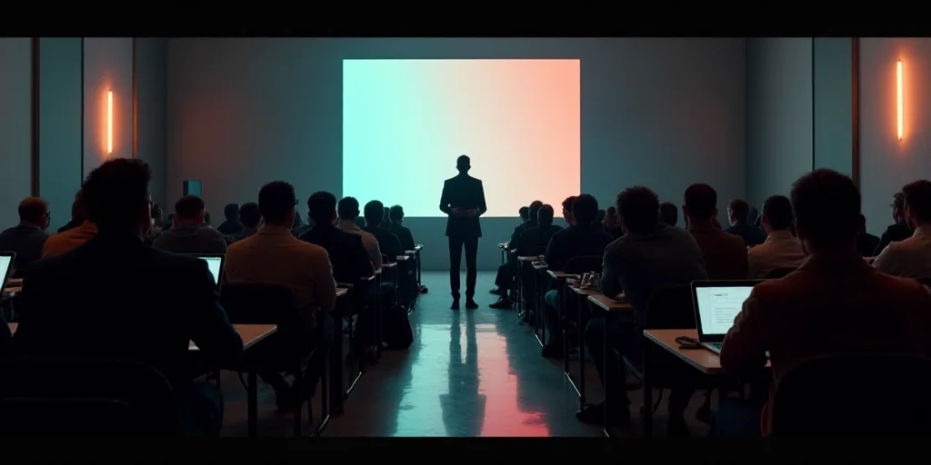 a group of people sitting in a room with laptops on their laps and a man standing at a podium, Eddie