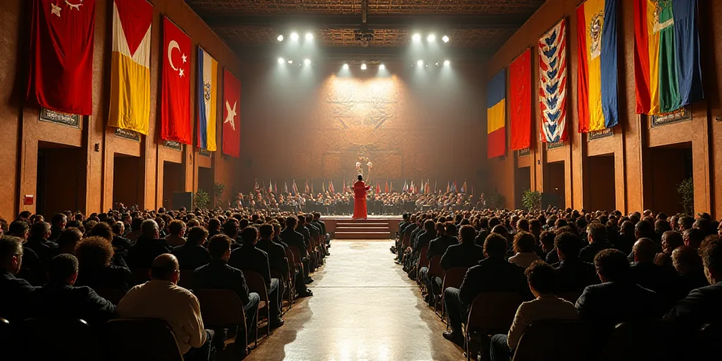 a group of people sitting in chairs in a building with flags on the walls and a stage in the middle,