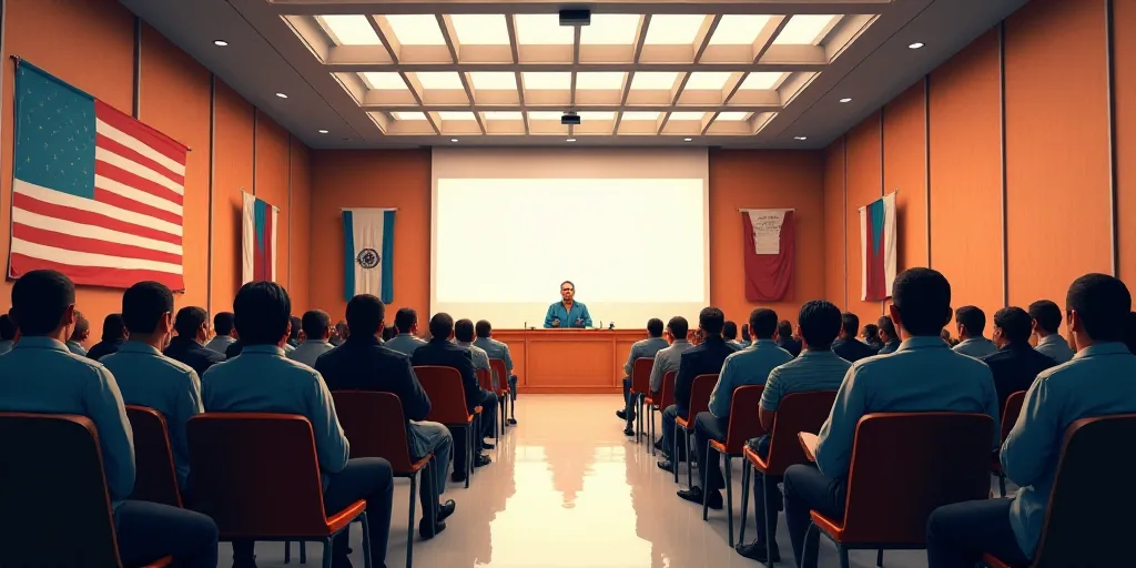 a group of people sitting in chairs in a room with flags on the wall and a speaker at the front of t