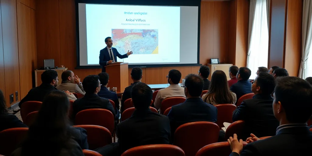 a group of people sitting in chairs watching a presentation on a screen in a conference room with a