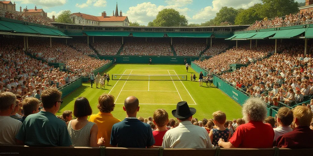 a group of people sitting next to each other in a stadium watching a game of tennis on a sunny day,