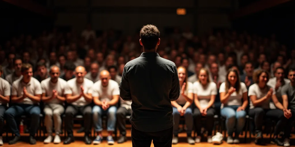 a group of people sitting on a stage with a man standing in front of them and clapping at the front,