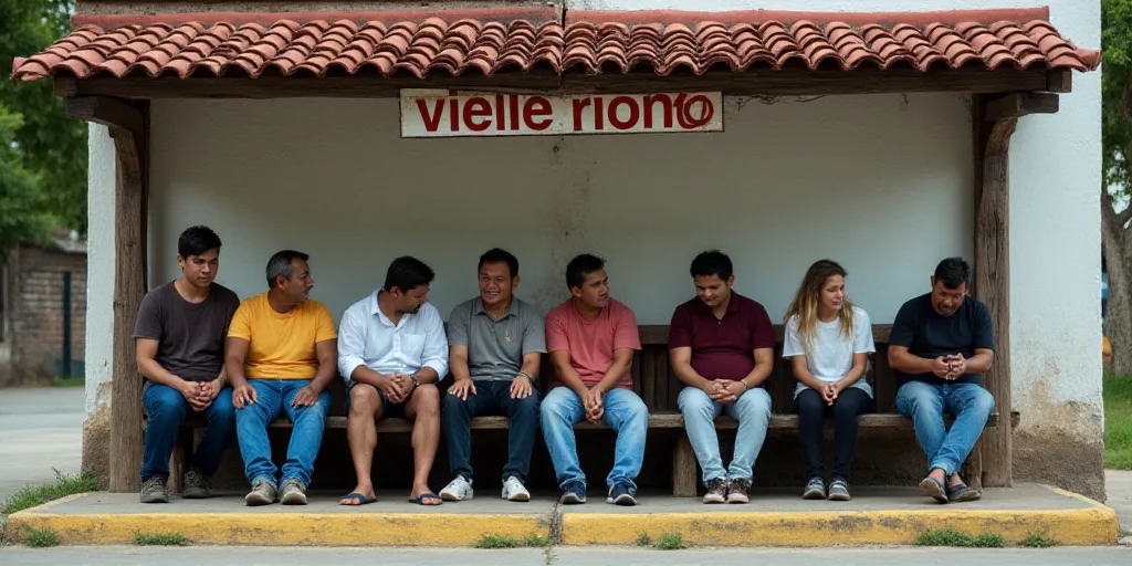 a group of people sitting on a bench under a covered area with a sign above it that says vielle rion