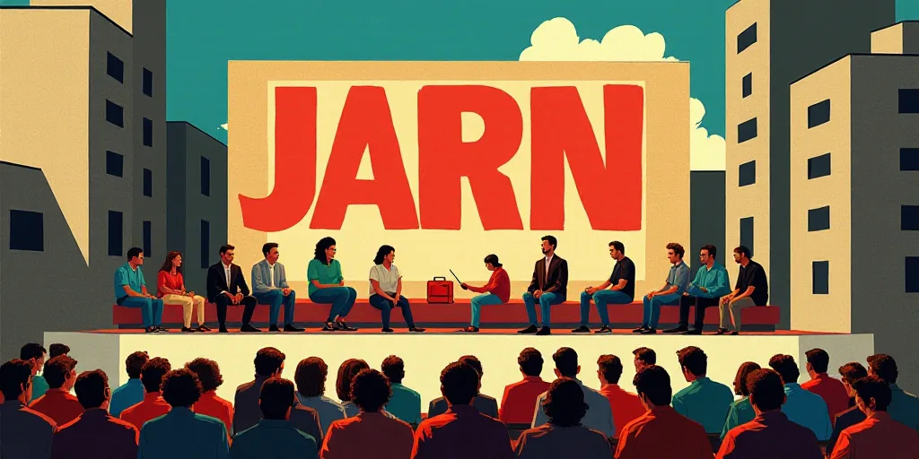 a group of people sitting on a stage in front of a building with a large sign in the background, Agu