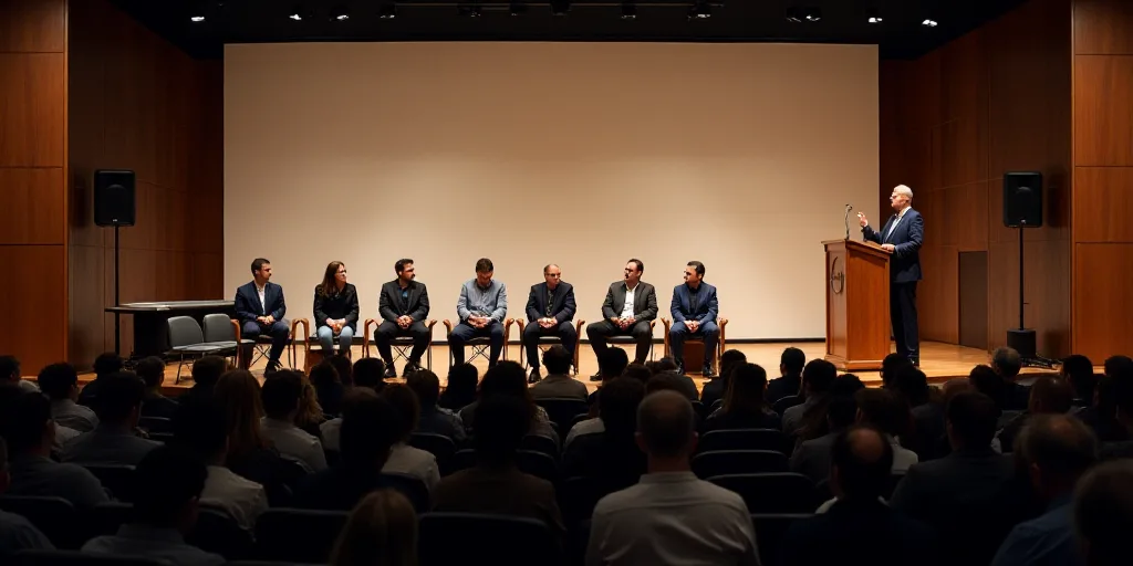 a group of people sitting on a stage in front of a crowd of people in chairs and a man standing in f