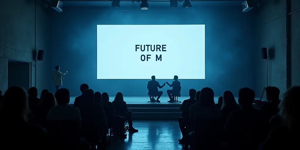 a group of people sitting on a stage with a screen in the middle of the room that says future of m,