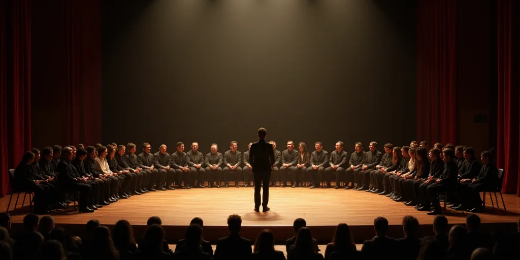 a group of people sitting on a stage with a man standing on a stage in front of them and a woman sta