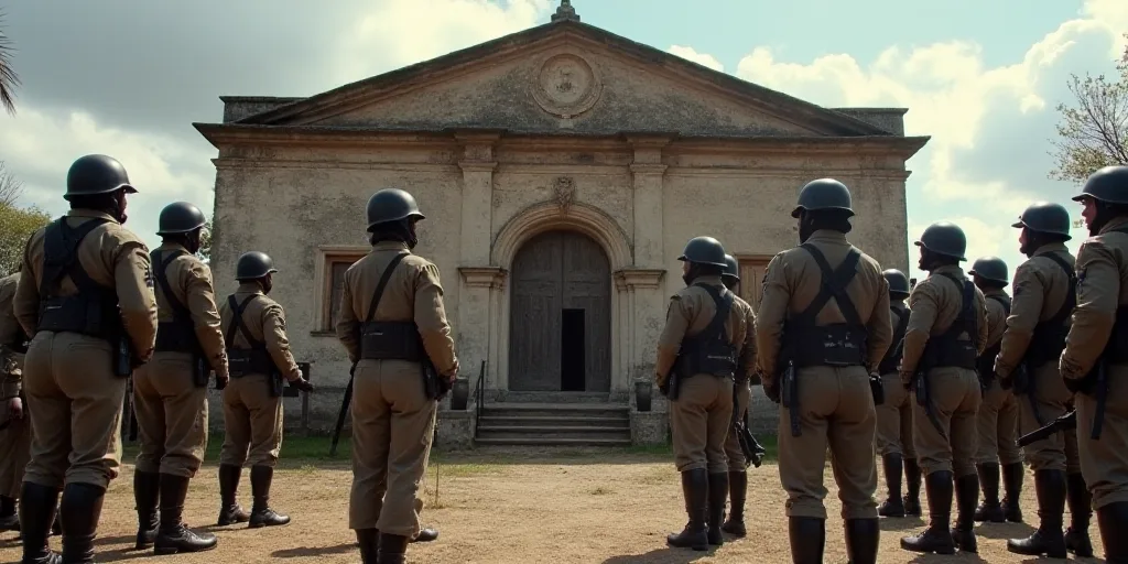 a group of people standing around a building with a group of people standing around them in uniform